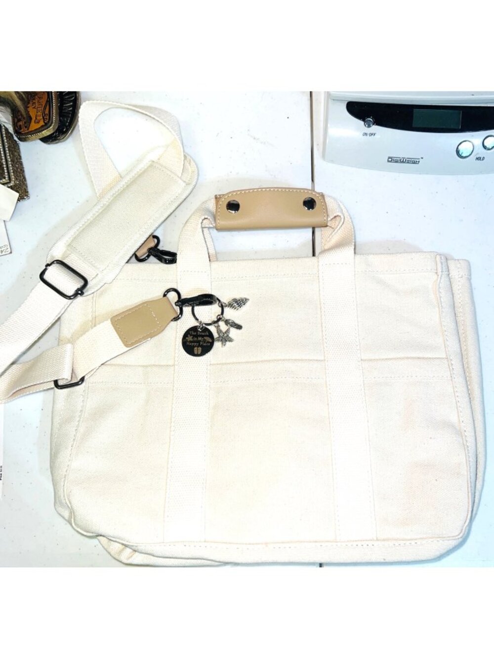 Canvas Tote Bag With Charm Womens Off-White 13" x 10" Adjustable Strap Pre-Owned